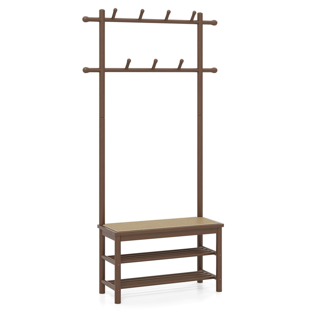 FANTASK Garderobenständer mit PE-Rattan Schuhbank, 71 x 30 x 169,5 cm, Kleiderständer mit Schuhregal