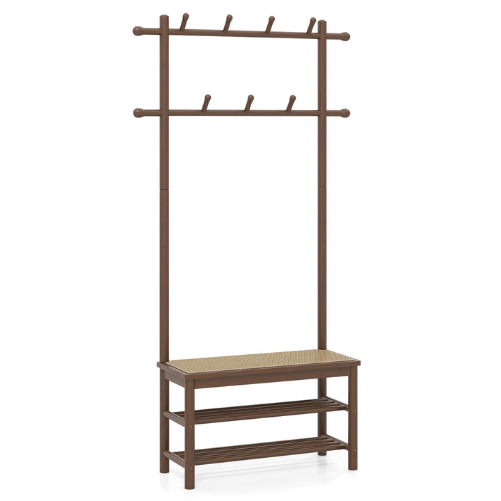 FANTASK Garderobenständer mit PE-Rattan Schuhbank, 71 x 30 x 169,5 cm, Kleiderständer mit Schuhregal