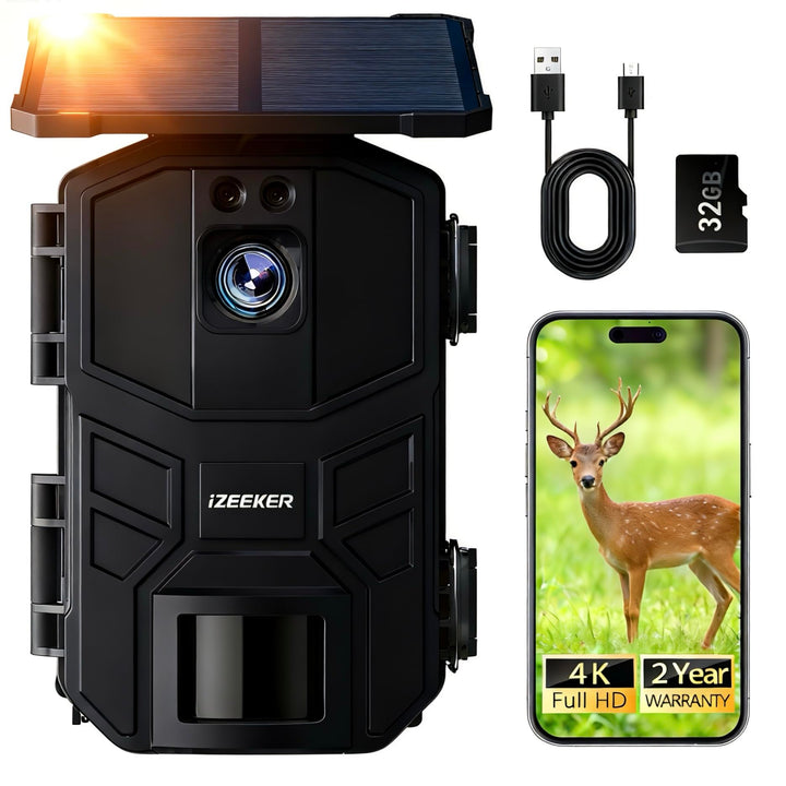 iZEEKER Solar Wildkamera WLAN, 4K 64MP Bluetooth Wildkamera mit Bewegungsmelder Nachtsicht 0,1 s Aus