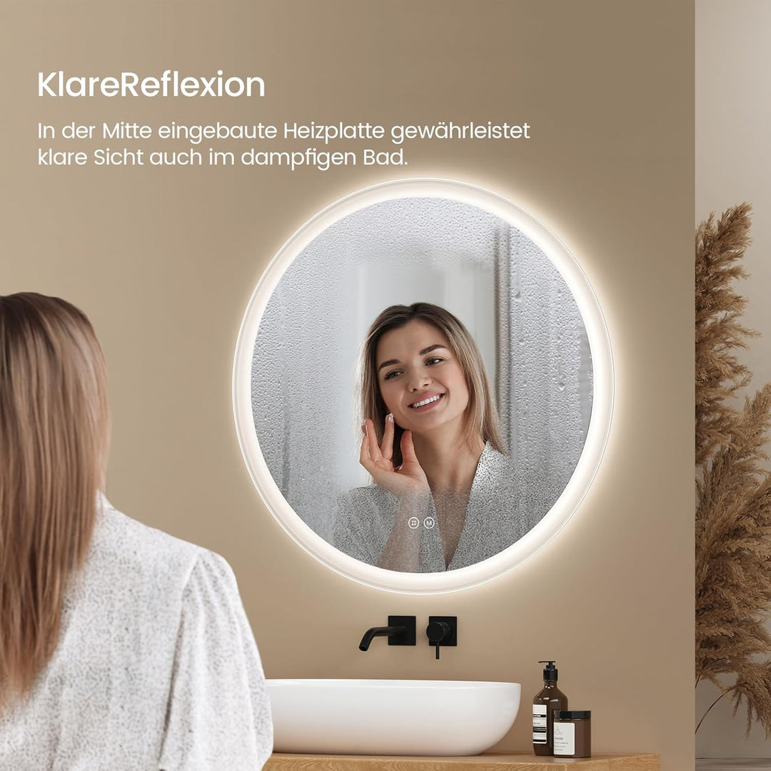 EMKE Badspiegel mit Beleuchtung Rund 70cm, Badezimmerspiegel mit dimmbarer Beleuchtung, 3 Lichtfarbe