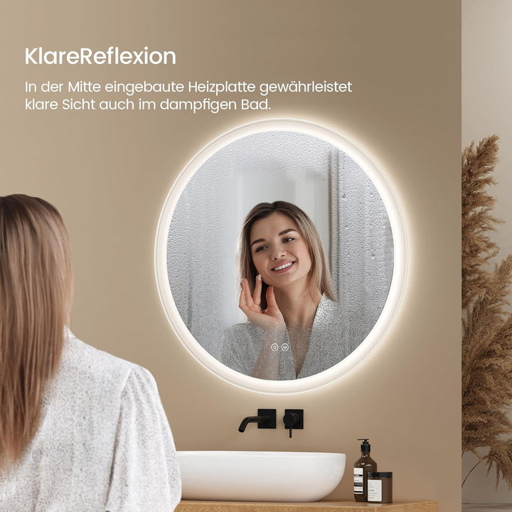 EMKE Badspiegel mit Beleuchtung Rund 70cm, Badezimmerspiegel mit dimmbarer Beleuchtung, 3 Lichtfarbe
