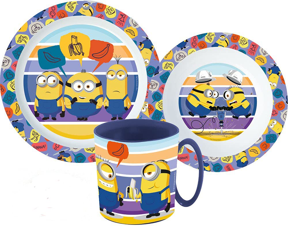 Une Kinder-Geschirr Set mit Teller, Müslischale und Trinkbecher inkl. Besteck (wiederverwendbar) kom