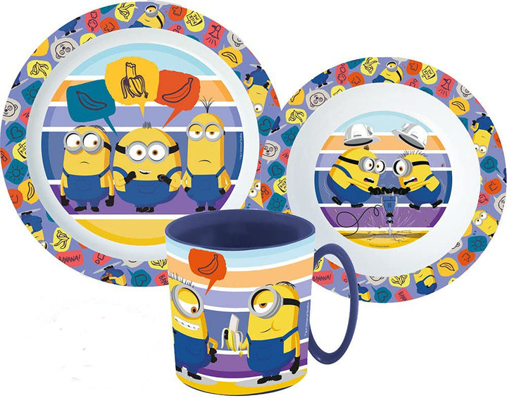 Une Kinder-Geschirr Set mit Teller, Müslischale und Trinkbecher inkl. Besteck (wiederverwendbar) kom