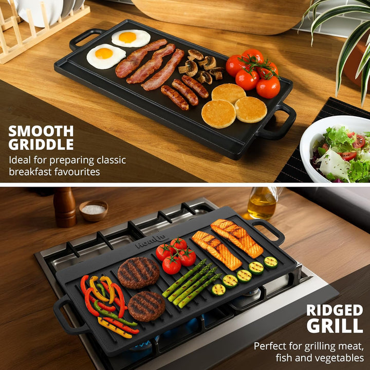 Homiu Gusseisen Grillplatte mit 2 Griffen| Grillpfanne | Grill Platte für Feuerstelle, Grillplatz, L