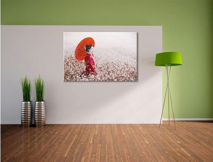 Pixxprint Geisha auf dem Feld als Leinwandbild/Grösse: 100x70 / Wandbild/Kunstdruck/fertig bespannt,