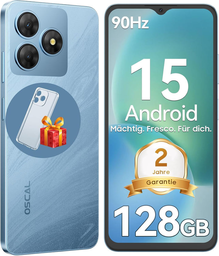 OSCAL Flat 2 Smartphone Ohne Vertrag, Android 15, 12GB+128GB/2TB TF Smartphones, 6.56'' HD+ 90Hz Han