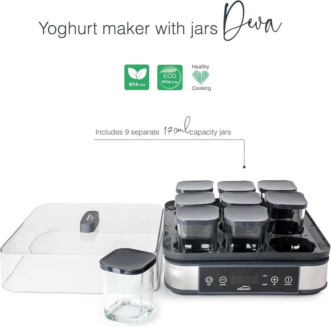 Lacor - 69439 - Deva Joghurtbereiter aus Glas, 9 Gläser im Lieferumfang Enthalten, Einstellbare Temp