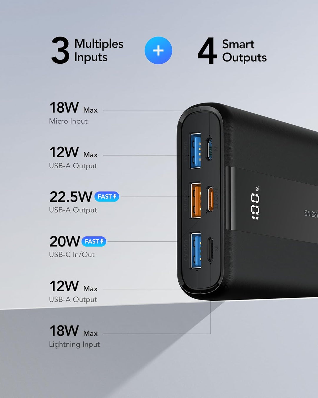 VRURC Powerbank 20000mAh Klein & Kompakt, Mini Externer Akku mit LED Display, USB-A 22.5W Schnelllad
