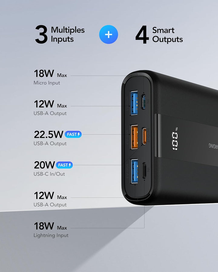 VRURC Powerbank 20000mAh Klein & Kompakt, Mini Externer Akku mit LED Display, USB-A 22.5W Schnelllad