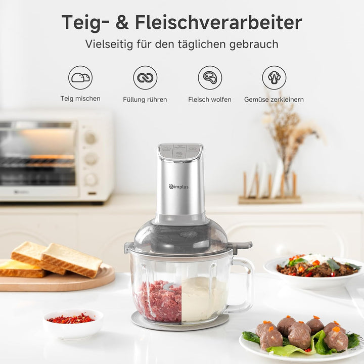 SIMPLUS Universalzerkleinerer mit Teigknetfunktion, 300W Elektrisch, 2.5L Glasbehälter, Multifunktio