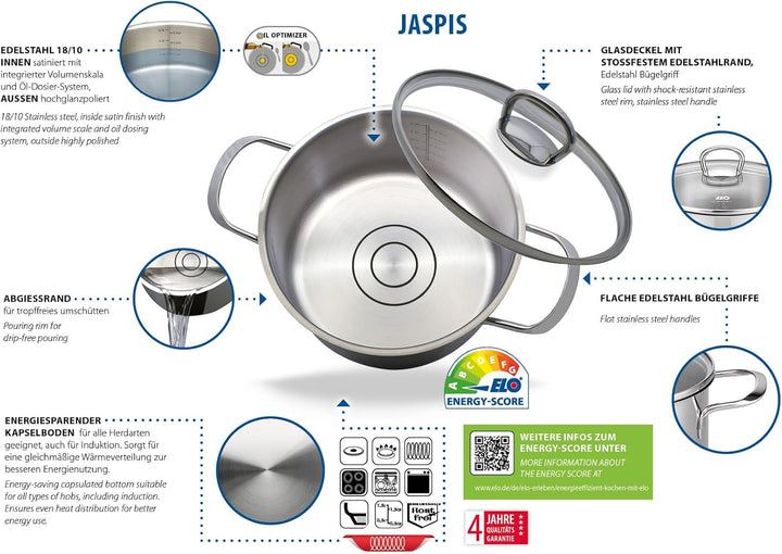 ELO Jaspis Topfset Edelstahl 5-teilig – Hochwertiges Kochtopf Set mit Öl-Dosiersystem & Glasdeckel –