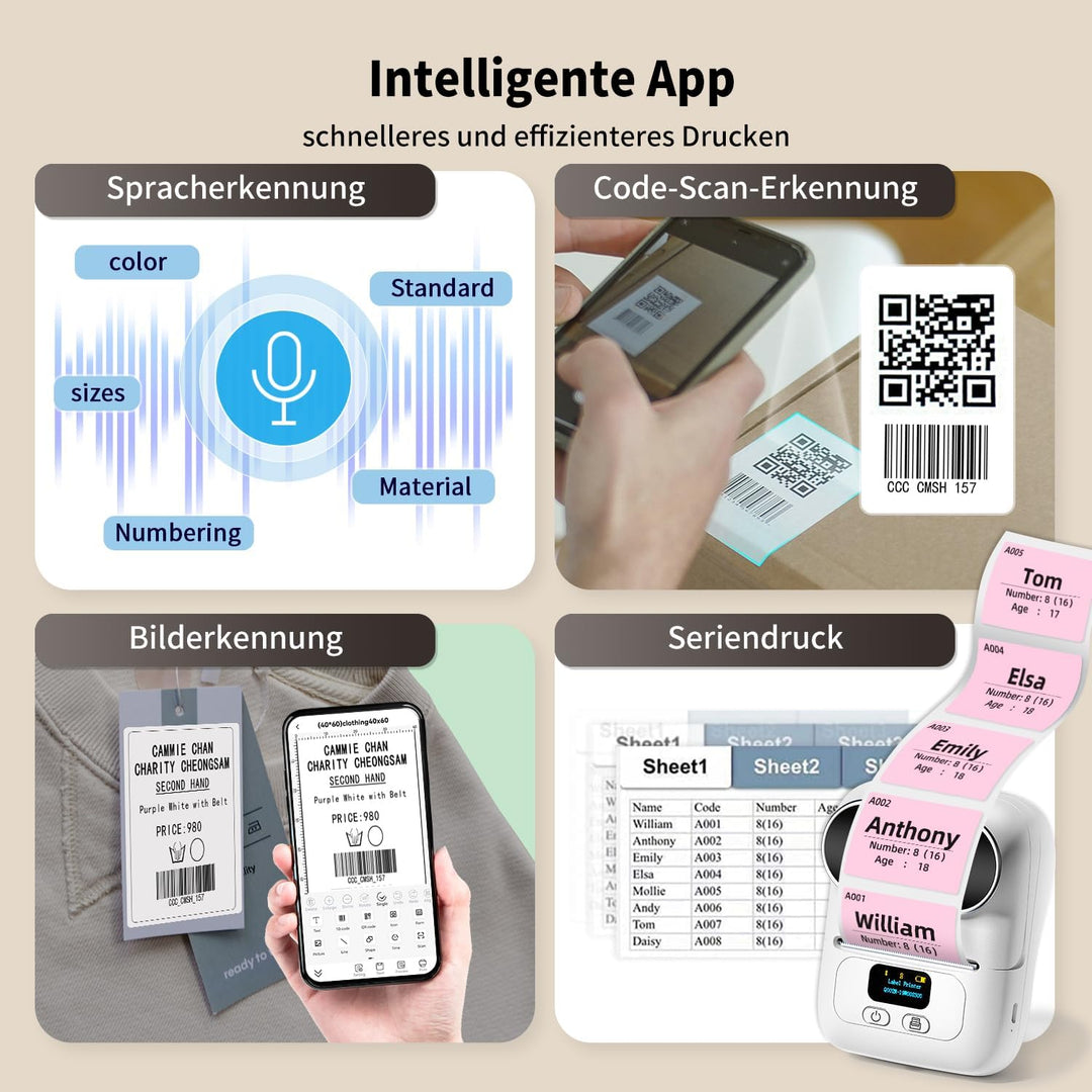 Phomemo M110 Etikettendrucker, Mini-Thermo-Aufkleber-Maschine,Handy Bluetooth Drucker für Barcode, K