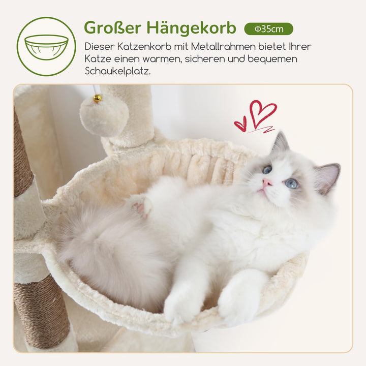 Globlazer Kratzbaum Beige mit 2 Katzenhaus, Grosse Gepolsterte Plattform, Sitzstangen, Katzenkorb, S