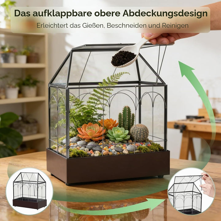Mini Gewächshaus, 24x14,5x28cm Terrarium mit Aufklappbarem Glasdeckel, Volltransparentem Glas und Bo