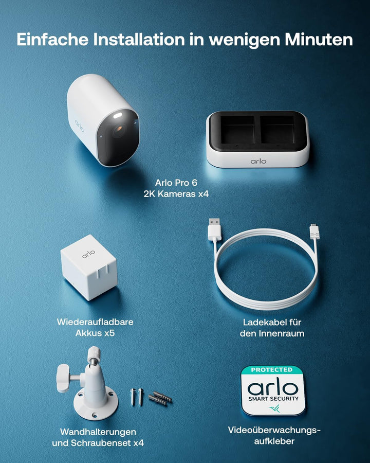Arlo Pro 6 Überwachungskamera Aussen WLAN, Kabellos, 2K+HDR, Farb-Nachtsicht, Zwei-Wege Audio, Beweg