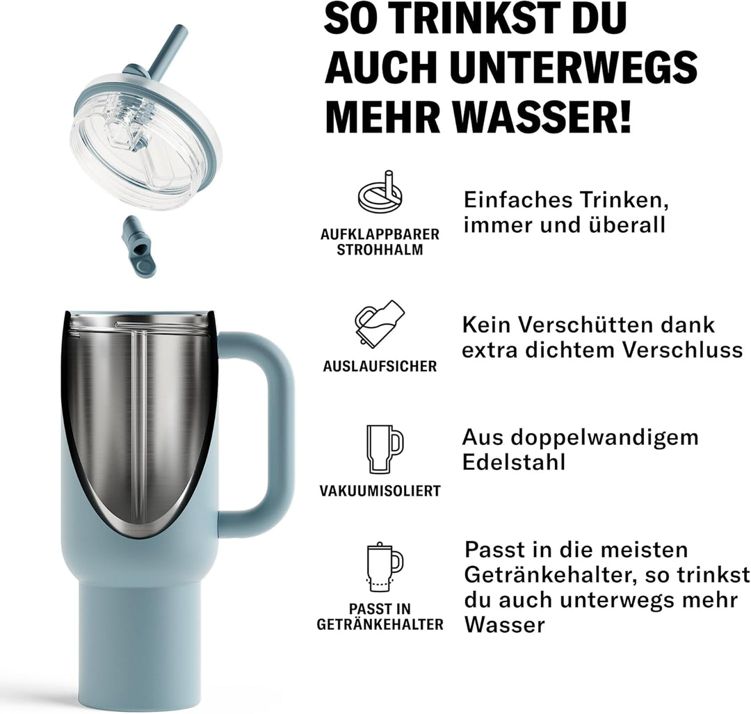 waterdrop® Thermobecher mit Strohhalm 1,1L – Auslaufsichere, robuste Trinkflasche mit aufklappbarem