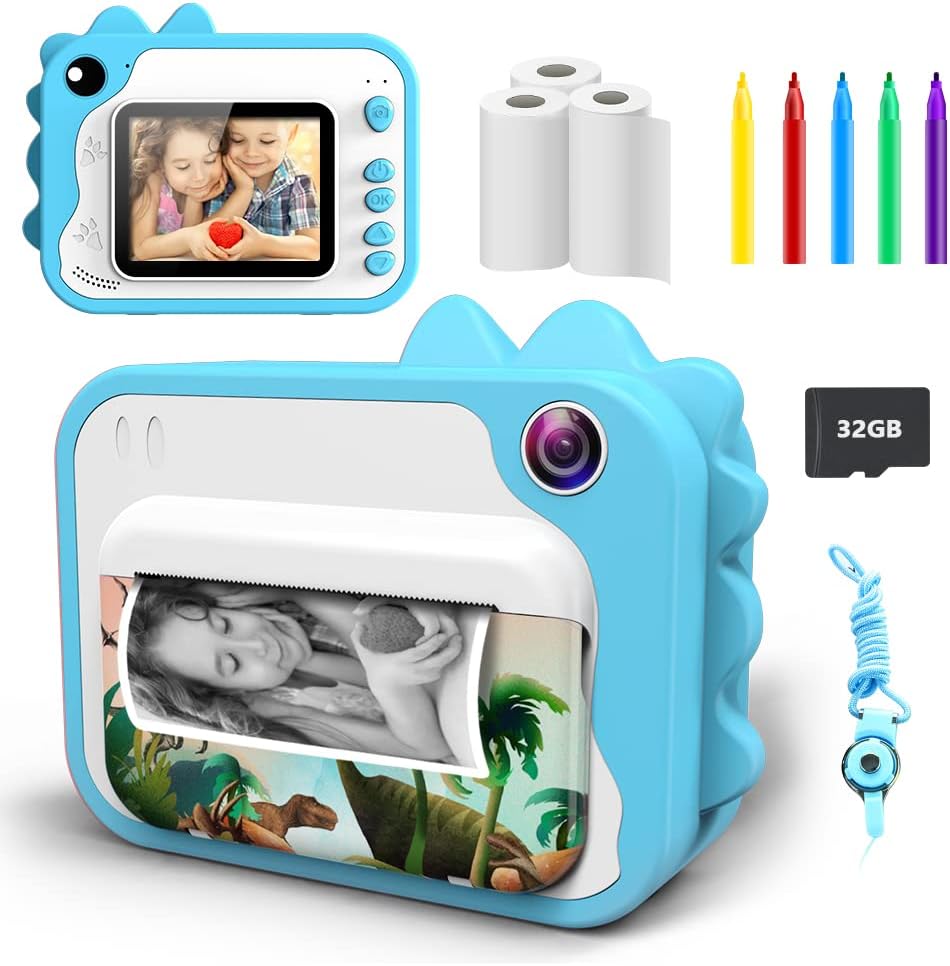 Ukuu KinderKamera 2,4 Zoll Bildschirm Print Sofortbildkamera für Kinder 1080P Digitalkamera mit 3 Ro