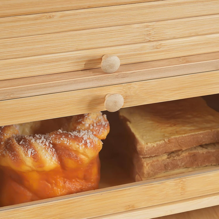 HOOBRO Brotkasten Bambus, 2-stöckiger Brotkorb, Brotbox, Brotaufbewahrung mit Rolldeckel und Vitrine