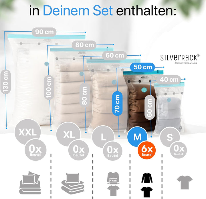 Vakuumbeutel für Kleidung [6 Stück] Medium (50x70 cm) - INKL. ETIKETTEN - mittel grosse Vakuumierbeu