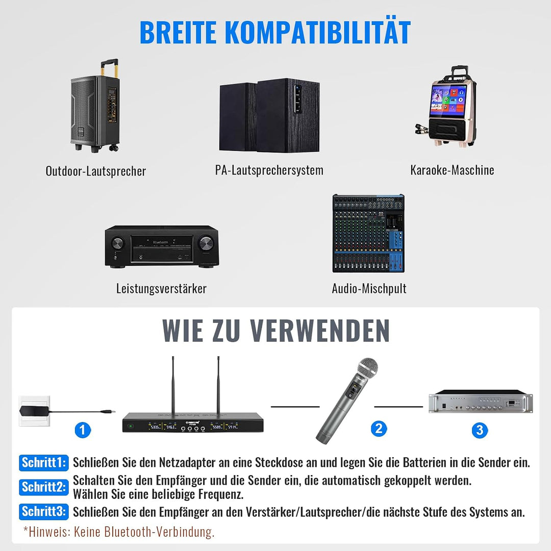 Phenyx Pro Drahtloses Mikrofonsystem, 4-Kanal-Drahtlosmikrofon-Set mit Hand-/Taschen-/Kopfbügel-/Ans