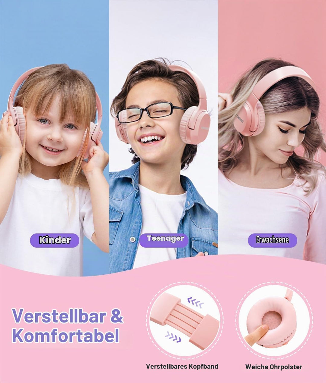 Kinder Kopfhörer Wireless 60H, Faltbare On Ear Kopfhörer mit MIC, Lautstärkebegrenzer 85dB/94dB Drah