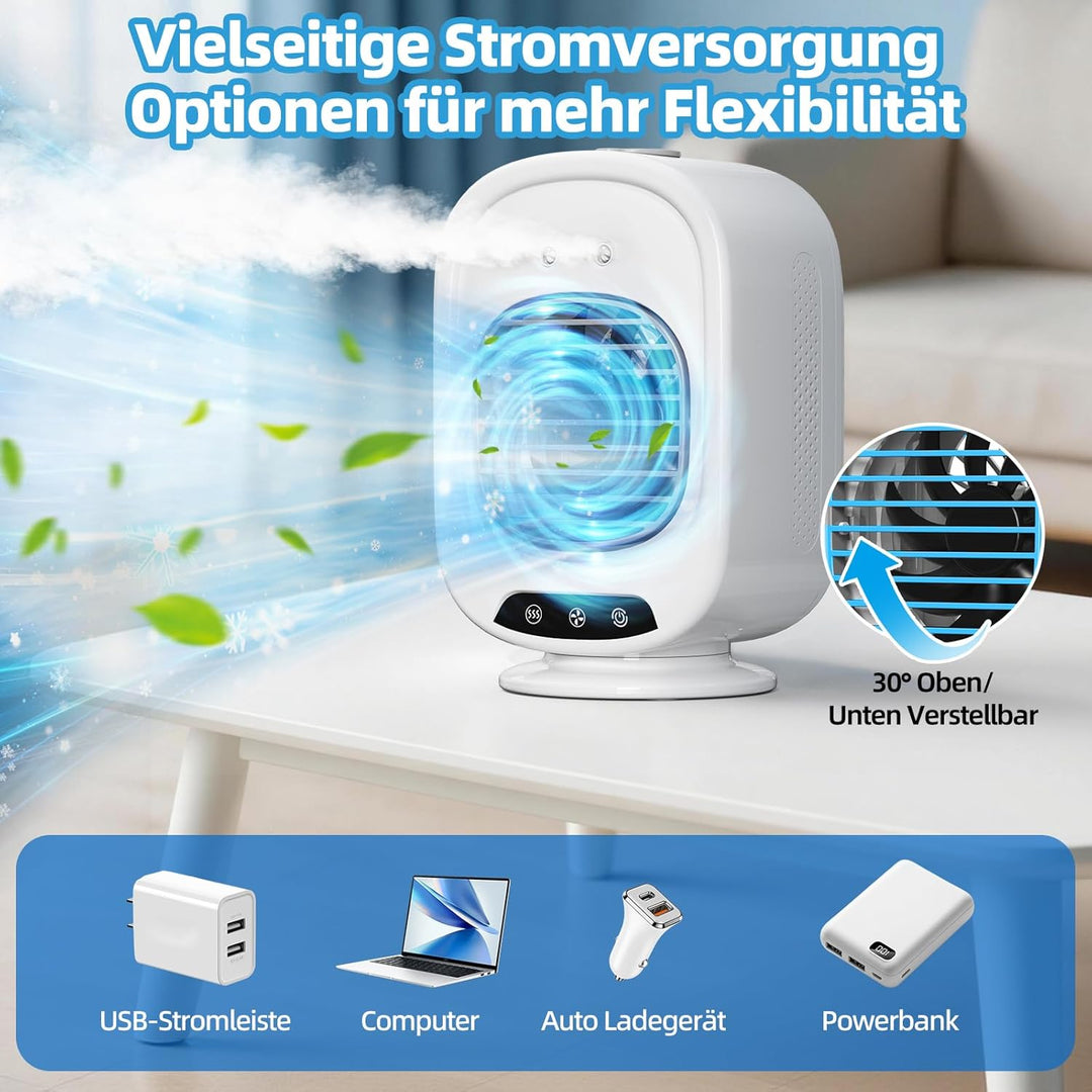 Mobile Klimaanlage, Mini Luftkühler mit 800mL Wassertank, 3 Geschwindigkeiten, 2 Sprühmodus, Mobil K