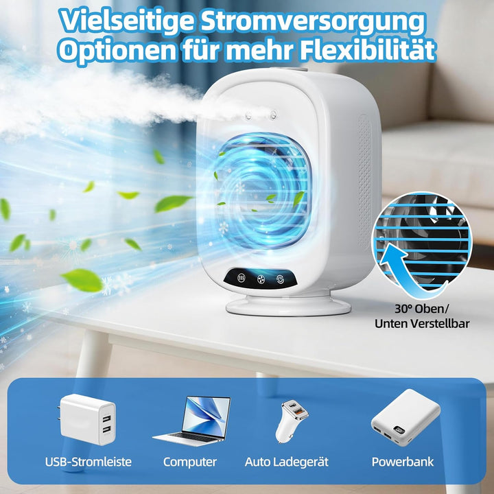 Mobile Klimaanlage, Mini Luftkühler mit 800mL Wassertank, 3 Geschwindigkeiten, 2 Sprühmodus, Mobil K