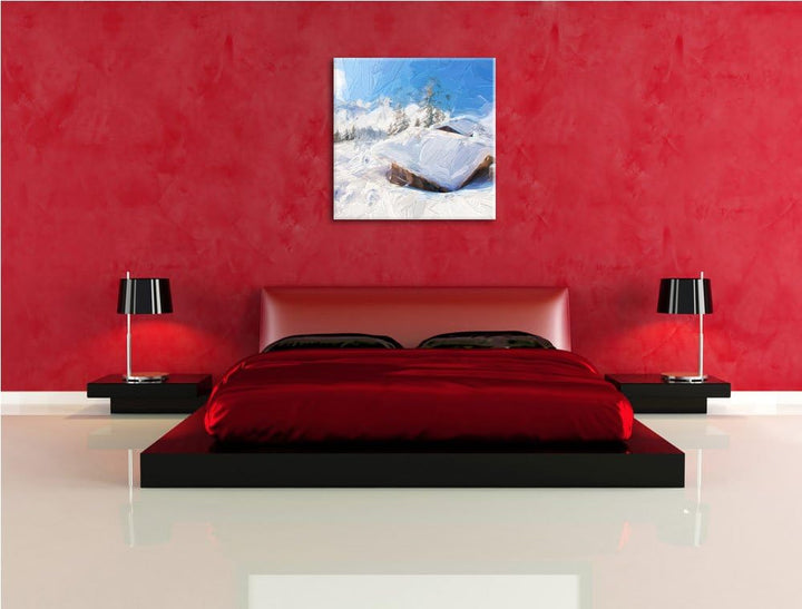 Pixxprint schöne verschneite Berghütten in den Alpen, Format: 70x70 auf Leinwand, 70x70