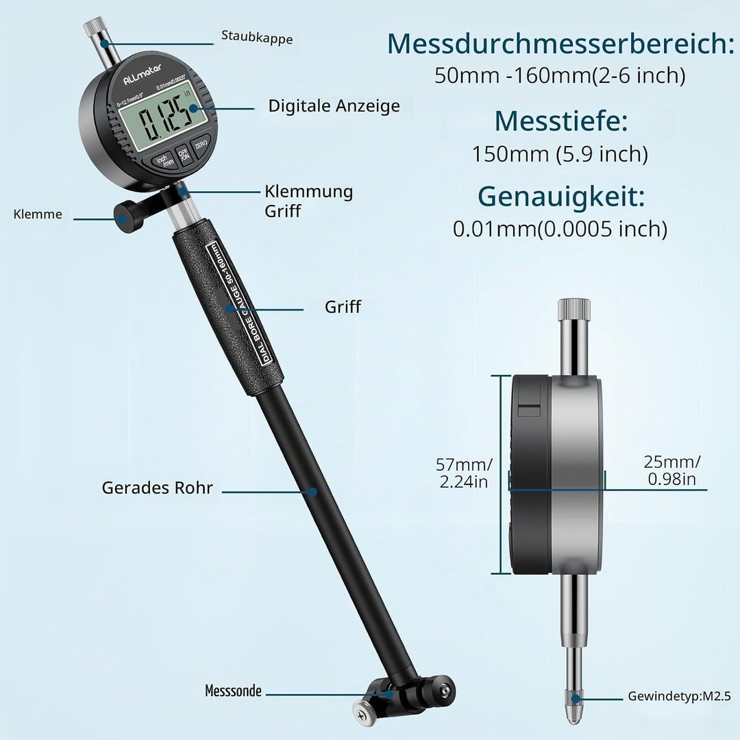 ALLmeter Digitales Bohrungsmessgerät Messuhr Set 50-160 mm Innendurchmesser Anzeige Messwerkzeug mit