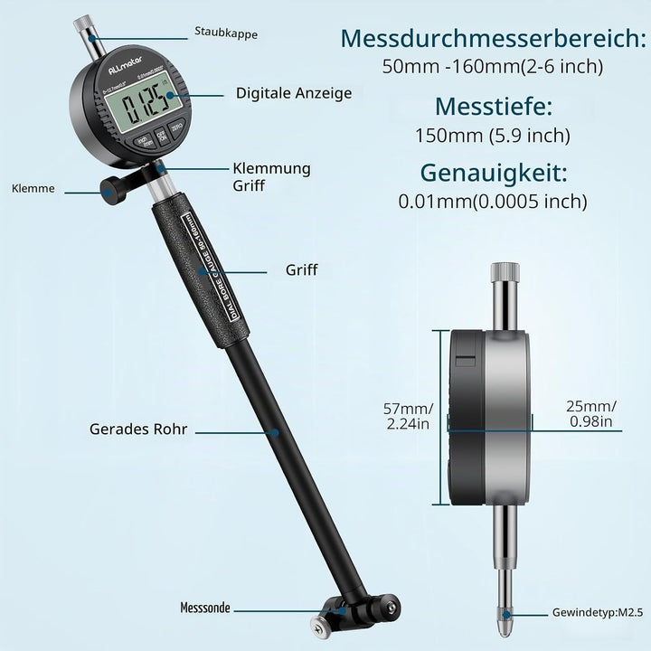 ALLmeter Digitales Bohrungsmessgerät Messuhr Set 50-160 mm Innendurchmesser Anzeige Messwerkzeug mit