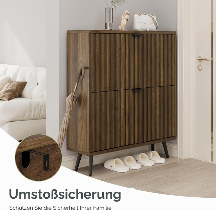 Smuxee Schuhschrank mit 2 Klappschubladen, 80 cm, Walnussholz, versteckter Schuhschrank mit geriffel