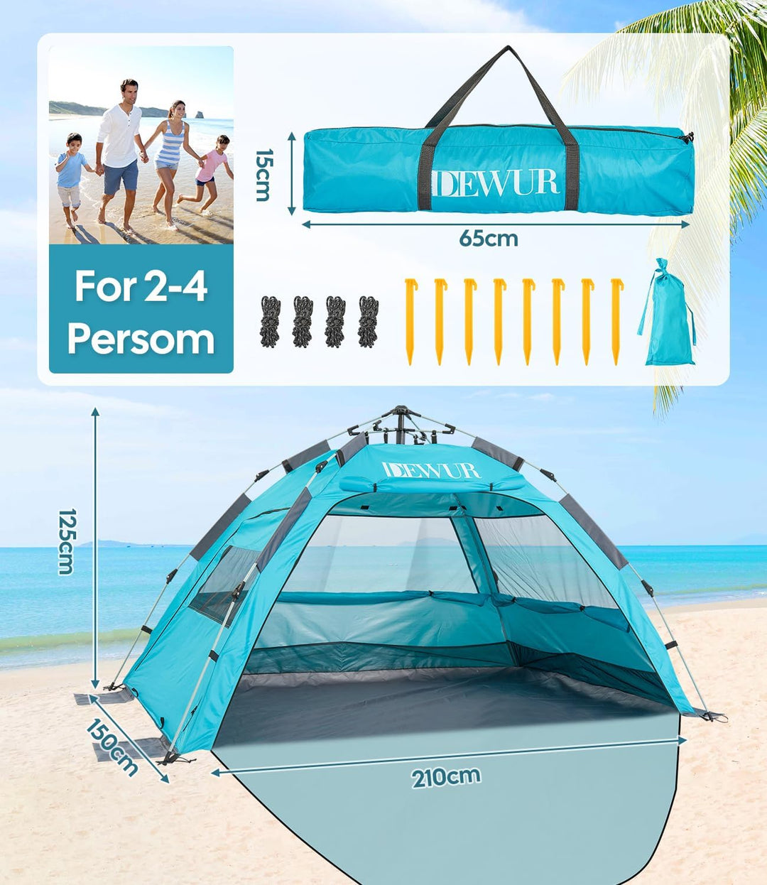 Dewur Strandmuschel 2-4 Personen Pop Up Strandzelt mit Sonnensegel UPF 50+ UV Sonnenschutz Wasserdic