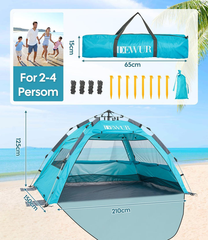 Dewur Strandmuschel 2-4 Personen Pop Up Strandzelt mit Sonnensegel UPF 50+ UV Sonnenschutz Wasserdic