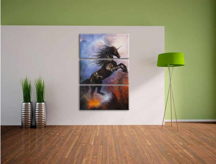 Pixxprint Traumhaftes schwarzes Einhorn / 3-Teilig/Gesamtmass 120cm Leinwandbild bespannt auf Holzra