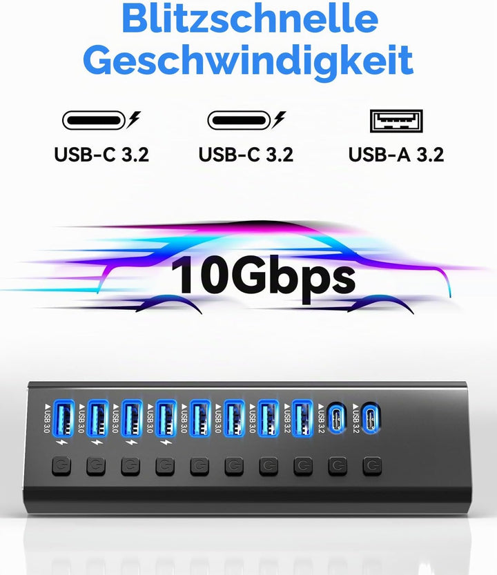 Powered USB Hub 3.2, 10-Port USB3.2/USB C Hub (10Gbps USB-A 3.2 +2 USB-C 3.2 +7 USB 3.0 Ports) mit i