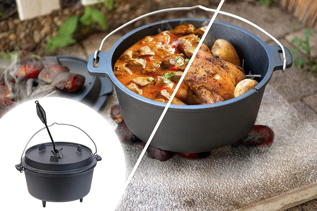 Rosenstein & Söhne Dutch Ofen: Dutch Oven aus Gusseisen mit Standfüssen, 2in1-Deckel & -Pfanne, 9 l