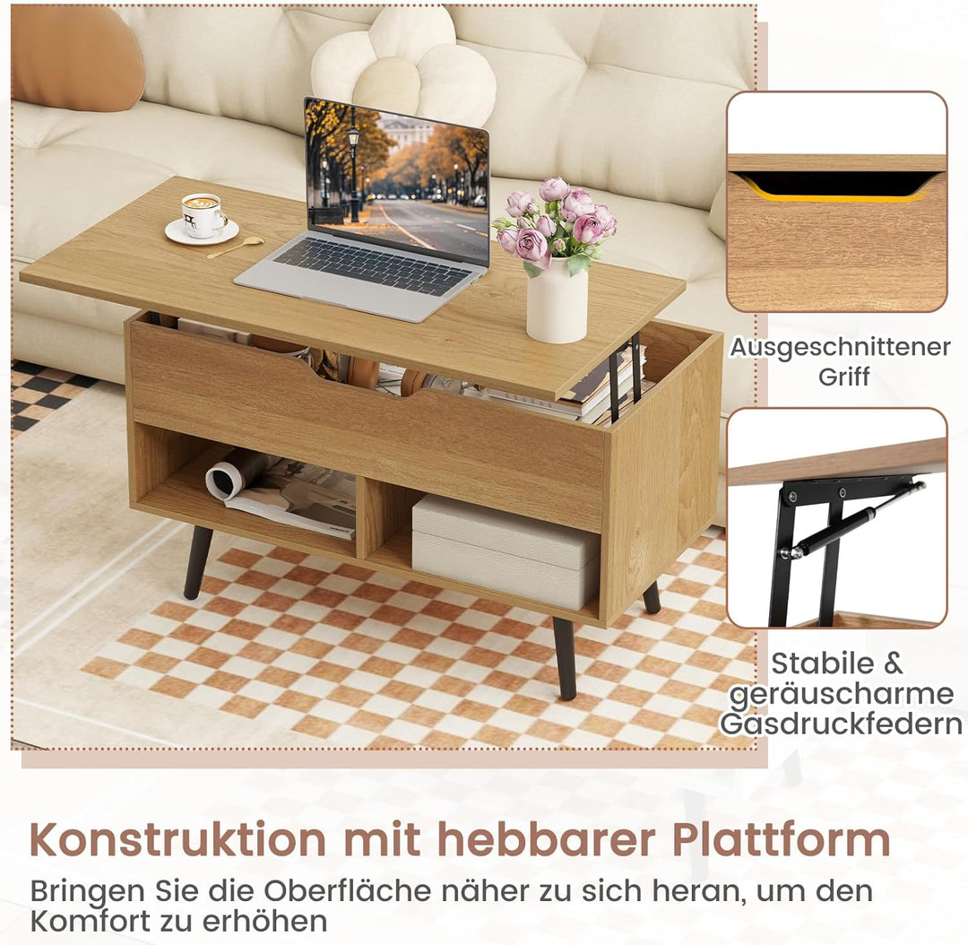COSTWAY Couchtisch höhenverstellbar, Sofatisch mit anhebbarer Tischplatte & 2 offenen Regalen, auszi