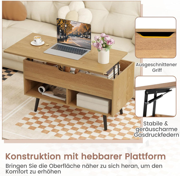 COSTWAY Couchtisch höhenverstellbar, Sofatisch mit anhebbarer Tischplatte & 2 offenen Regalen, auszi