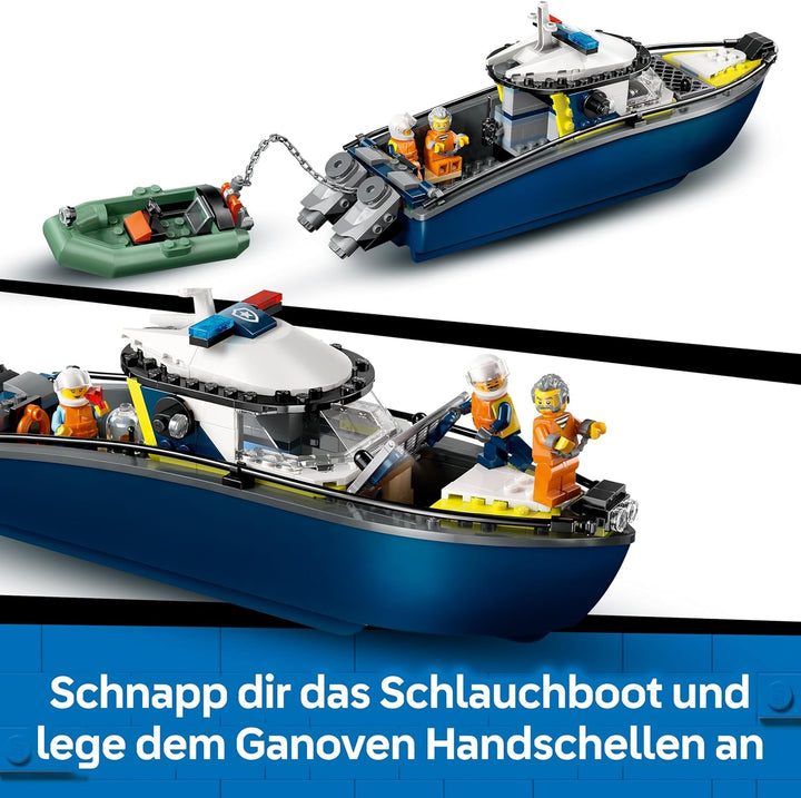 LEGO City Verfolgungsjagd im Polizeiboot – Spielset mit schwimmfähigem Schnellboot, Schlauchboot des