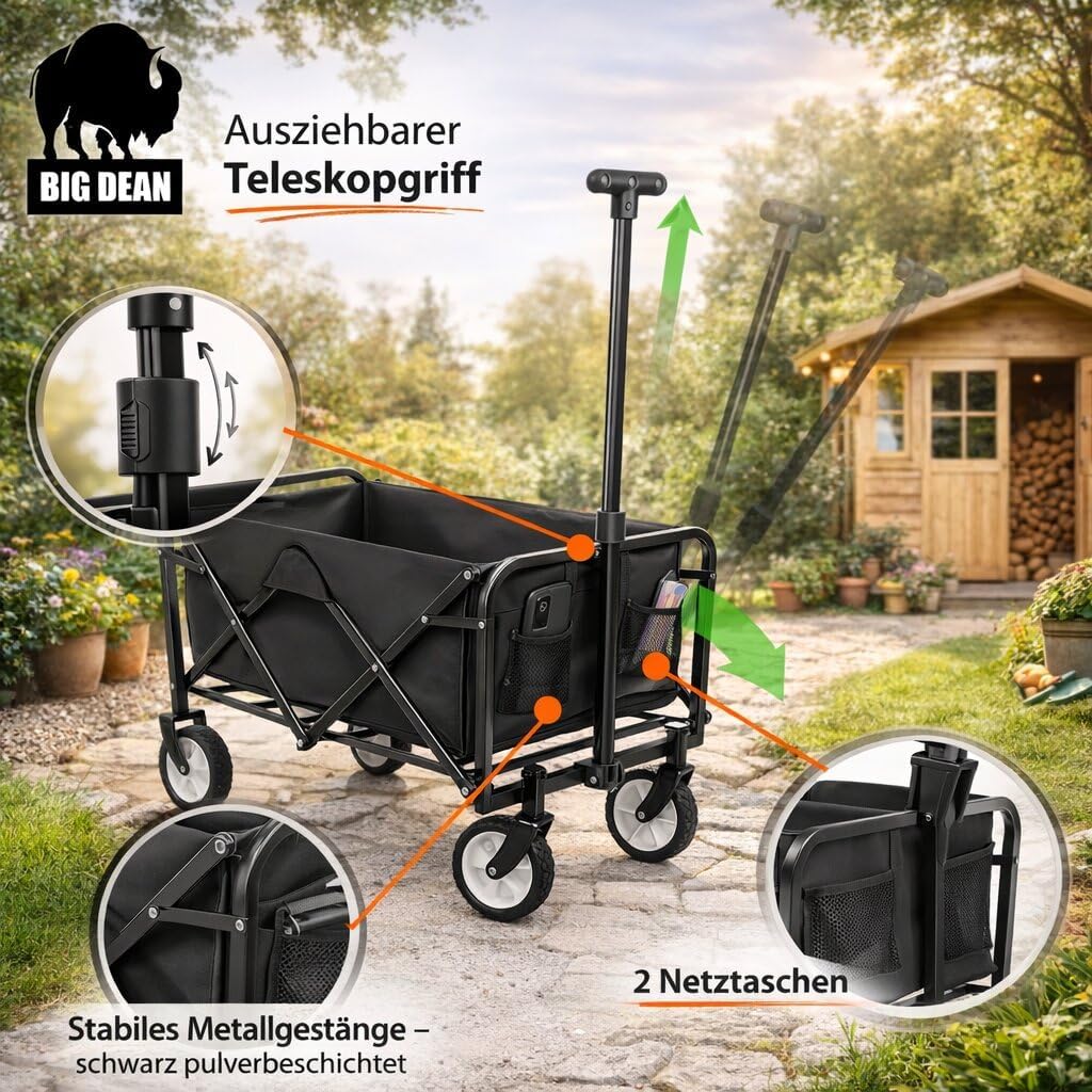 BigDean Bollerwagen faltbar bis 80kg schwarz - kompakter Transportwagen klappbar - Handwagen für Cam