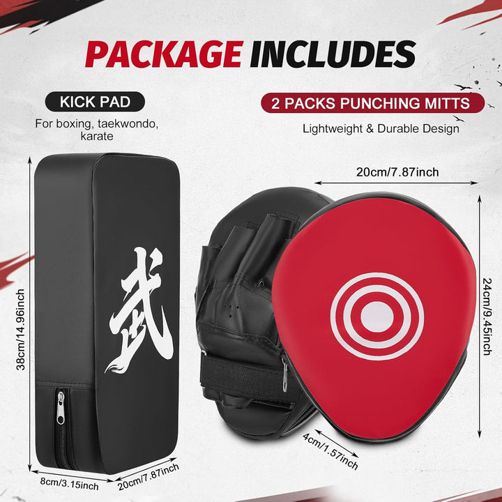 3 in 1 Handpratzen Set für Boxen & Kickboxen, 2x Box Pratzen aus PU Leder + 1x Kick Pad, Schlagpolst