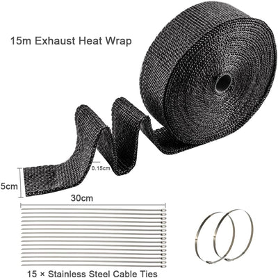 Hitzeschutzband Auspuff 15m x 5cm, Auspuffband Krümmerband mit 15pcs Edelstahl Kabelbinder, Isolierb