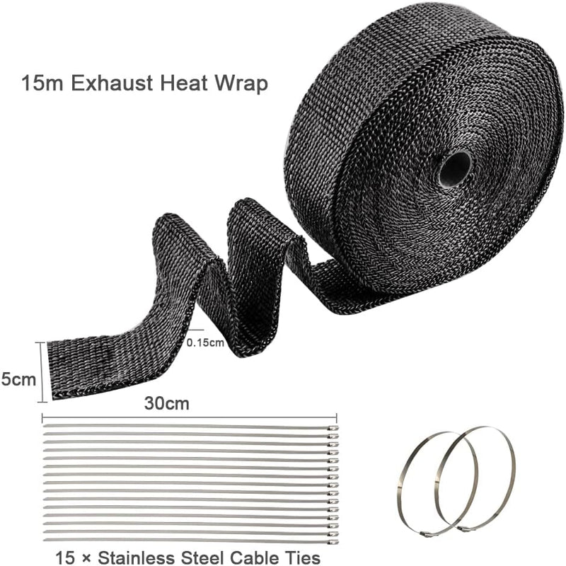 Hitzeschutzband Auspuff 15m x 5cm, Auspuffband Krümmerband mit 15pcs Edelstahl Kabelbinder, Isolierb