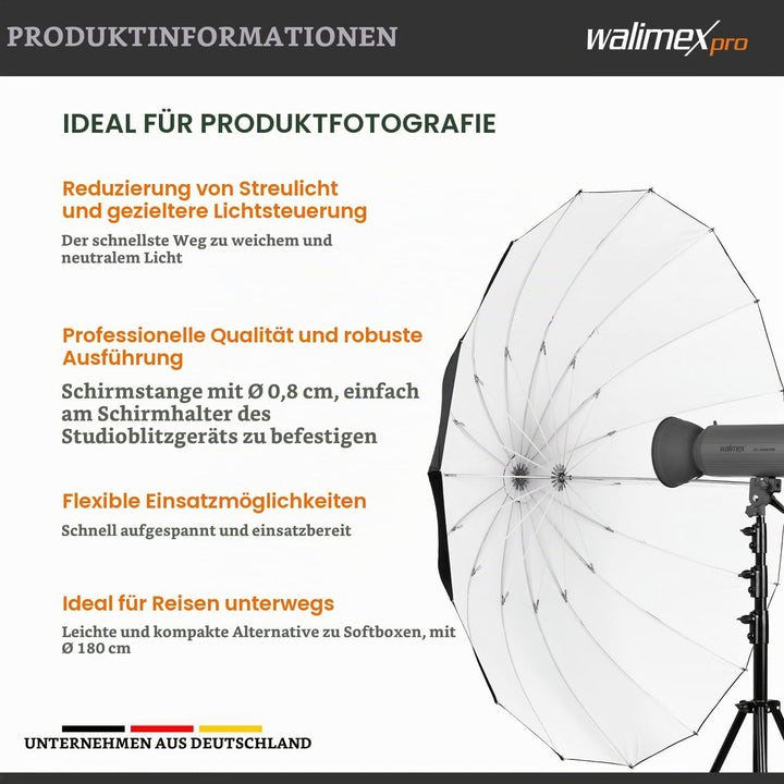 Walimex Pro Reflexschirm Schwarz/Weiss 180cm für Produktfotografie - Weiche, neutrale Lichtführung,