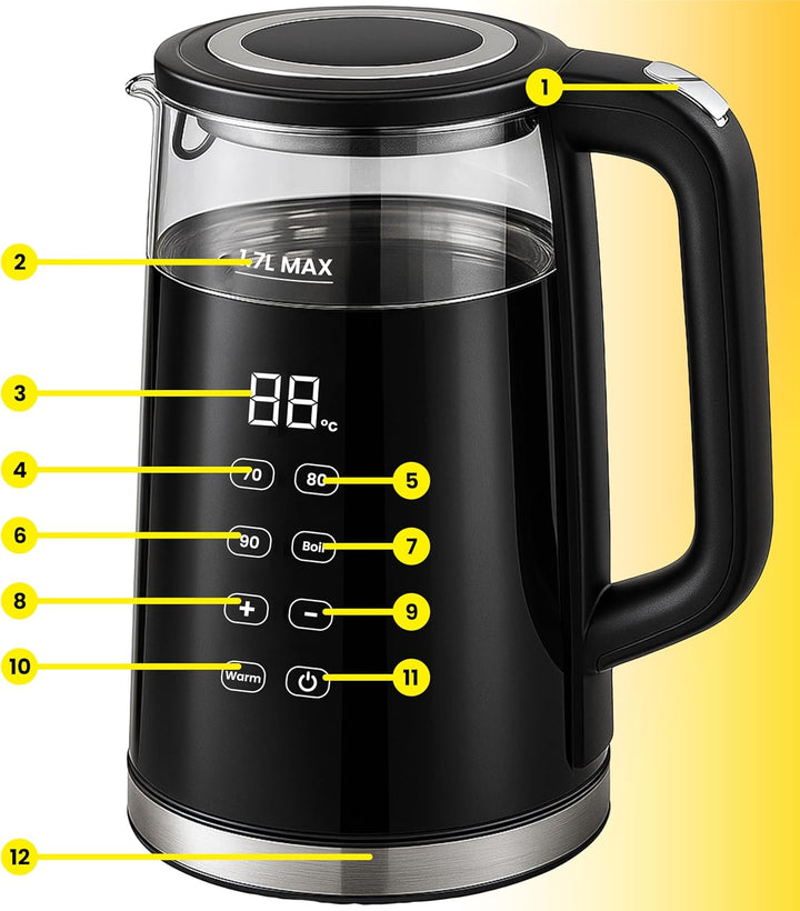 Retoo Glas Wasserkocher 1.7L mit Temperatureinstellung Elektrisch, 2200W, BPA-frei, 70–100°C, Touch-