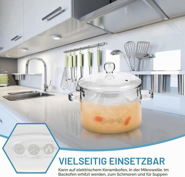 ERINGOGO Glastopf zum Kochen,Hoher Borosilikat- Glas- Suppe Topf Glas Sofortnudel Kochtopf Mit Decke