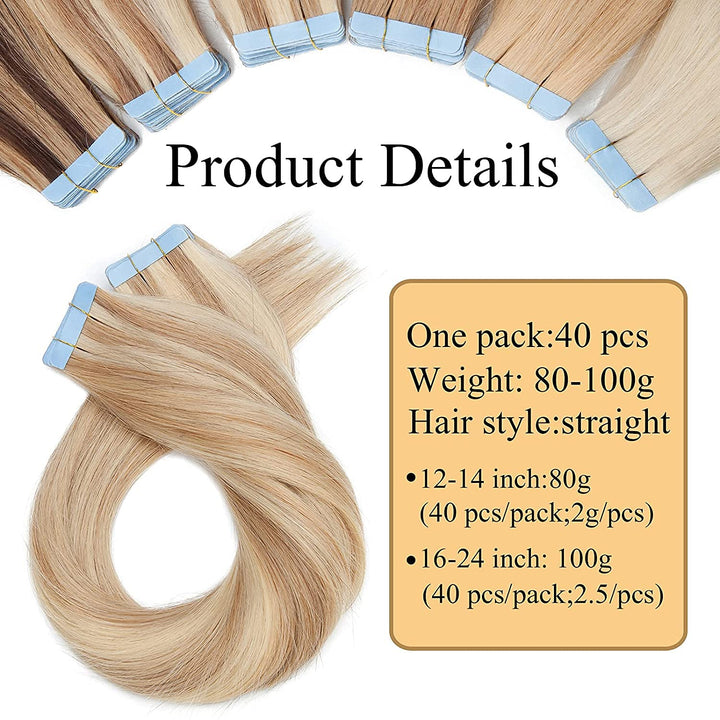 SEGO Tape in Extensions Echthaar Haarverlängerung 40 Pcs 2.5g/Tresse Klebeband Band Haarteil glatt K