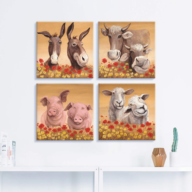 ARTLAND Leinwandbilder auf Holz Wandbild Bild Set 4 teilig je 30x30 cm Tiere Natur Bauernhof Esel Kü