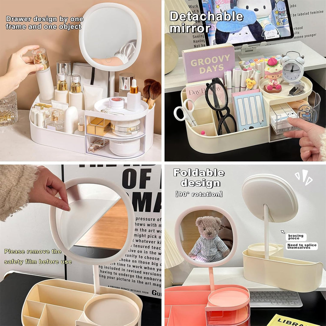 DASITON Make up Organizer mit Spiegel,Make up Pinselhalter mit 2 Schubladen,Multifunktionale Makeup