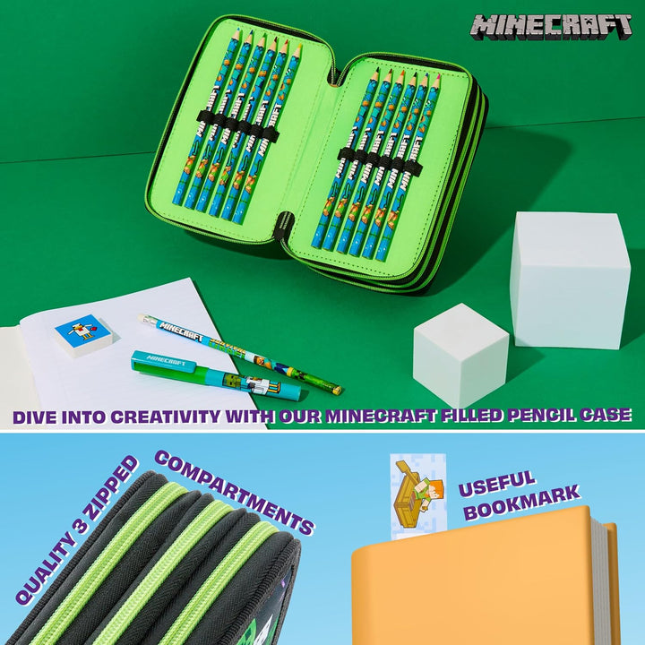 Minecraft Federmäppchen Jungen und Mädchen Mäppchen Gefüllt Creeper Federmappe mit Schreibwaren Game